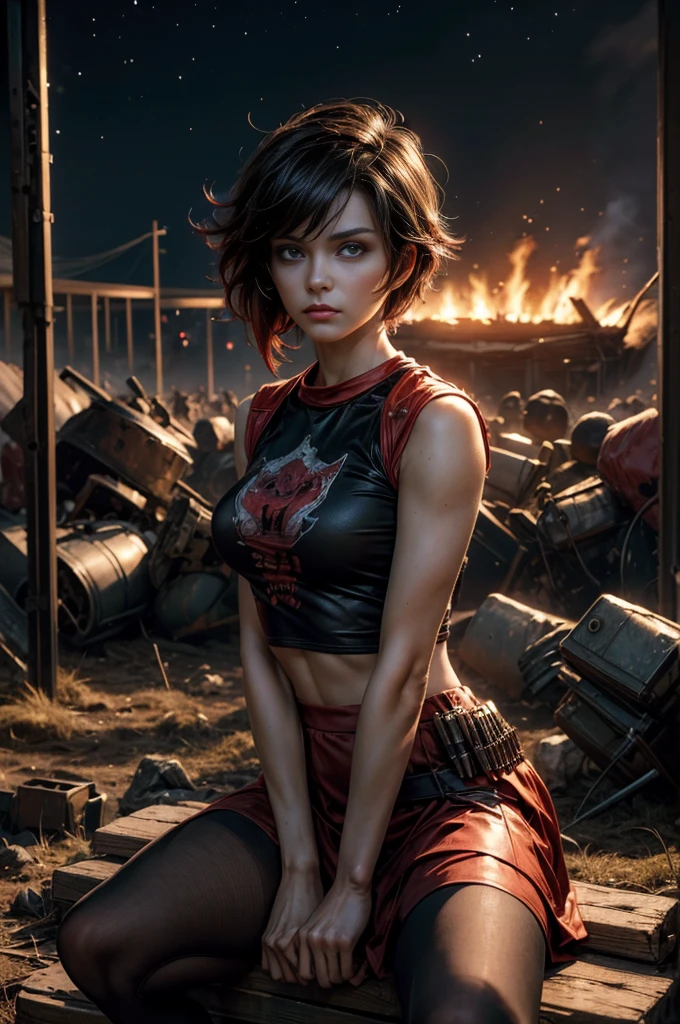 (masterpiece, best quality:1.2), cowboy shot, solo, dynamic pose, 1girl, ruby rose, looking at viewer,  t-shirt, red skirt, pantyhose, sitting, outside deserted stadium, bonfires, river, crowd, (crowd in military uniforms), night, stars, closed mouth, serious look, serious expression, post-apocalypse, dystopian future