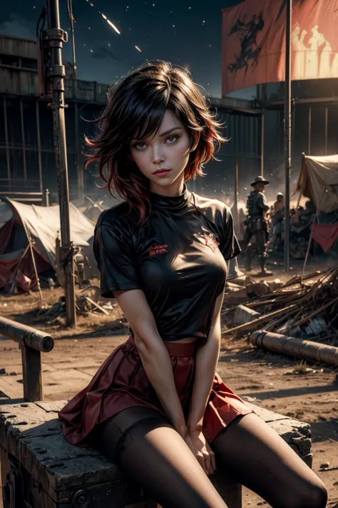 (masterpiece, best quality:1.2), cowboy shot, solo, dynamic pose, 1girl, ruby rose, looking at viewer,  t-shirt, red skirt, pant...