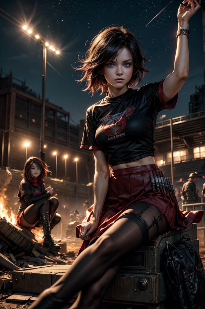 (masterpiece, best quality:1.2), cowboy shot, solo, dynamic pose, 1girl, ruby rose, looking at viewer,  t-shirt, red skirt, pantyhose, sitting, outside deserted stadium, bonfires, river, crowd, (crowd in military uniforms), night, stars, closed mouth, serious look, serious expression, post-apocalypse, dystopian future