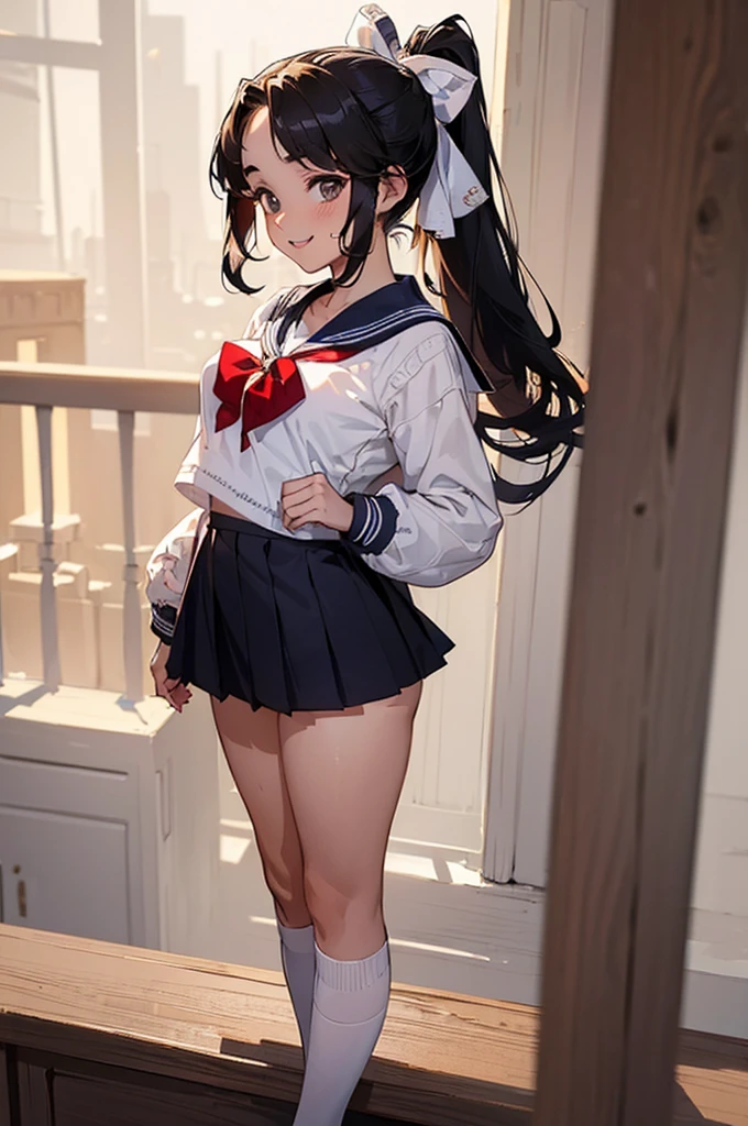 (((beautiful))), (((Sailor suit, uniform))), ((Black Hair, ponytail, ribbon)), Small breasts, Thighs, Sweat, (((Intricate details))), High resolution, ((Intricate details, Ultra-detailed)), whole body, Are standing, looking at the camera, Red cheeks, smile, evening, School,