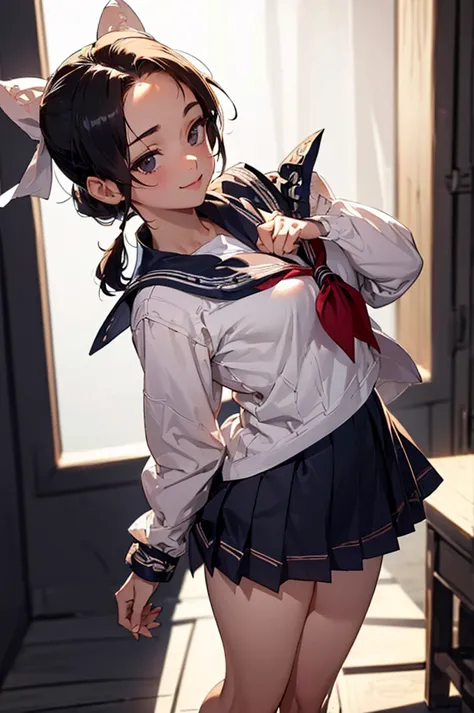 (((beautiful))), (((sailor suit, uniform))), ((black hair, ponytail, ribbon)), small breasts, thighs, sweat, (((intricate detail...