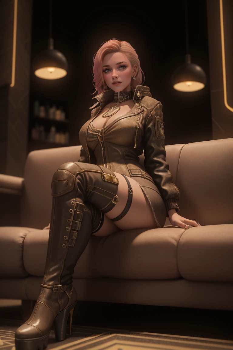 1girl, 35yo, femalebreton, feminine, glamour, wearing jacket and stockings with platform heels, model, posing, sitting on sofa, crossed legs, seductive smile, apartment indoor background, (night time:1.3), looking the viewer, indoor lights coming to her face, medium breasts, good hands, cyberpunk 2077 style