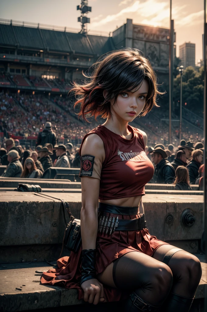 (masterpiece, best quality:1.2), cowboy shot, solo, dynamic pose, 1girl, ruby rose, looking at viewer,  t-shirt, red skirt, pantyhose, sitting, outside deserted stadium, bonfires, river, crowd, (crowd in military uniforms), night, stars, closed mouth, serious look, serious expression, post-apocalypse, dystopian future