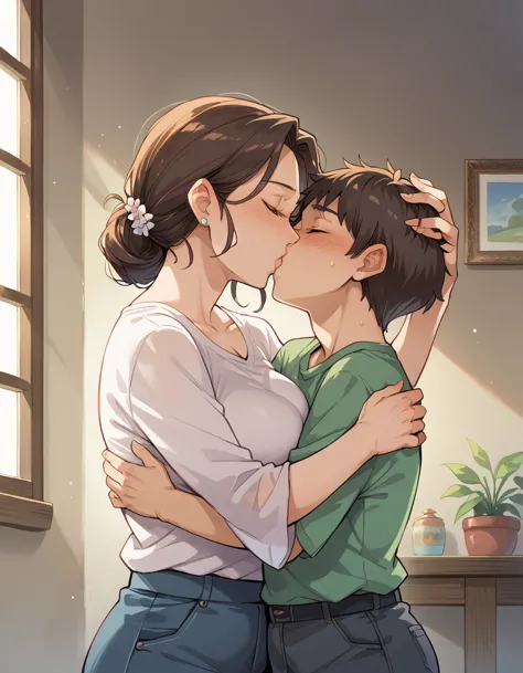 score_9, score_8_climb, score_7_climb, source_anime, childชาย 1 คน, 1 girl, mature woman, mother and son, , hug, kiss, put your ...