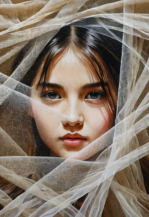 image painting of a {girl's face behind a tulle sheet} in canvas, acrylic painting, detailed fabric texture, showing the weave a...