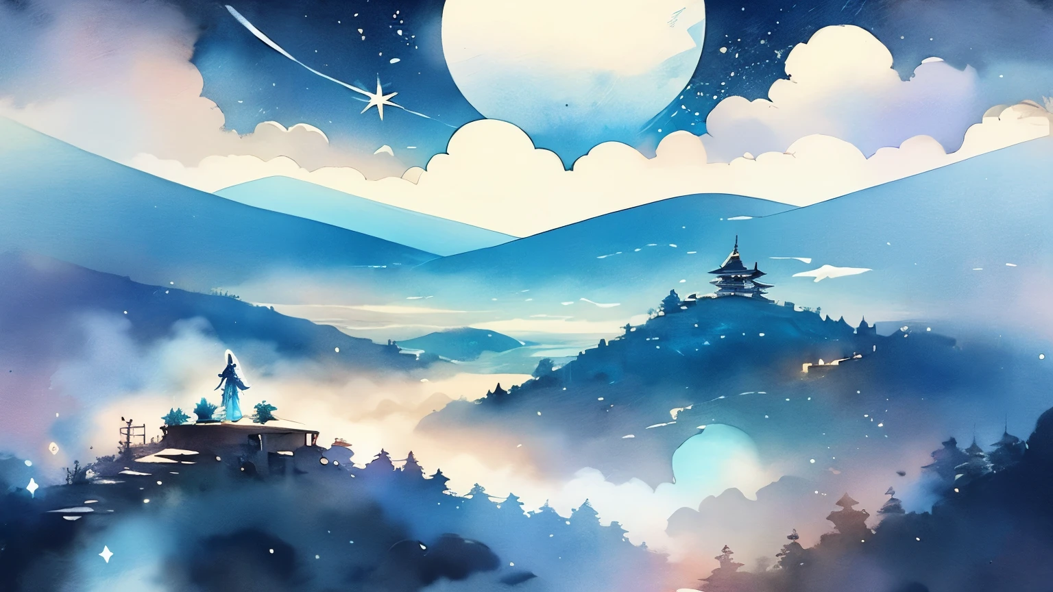 Above the Clouds、sleep、Calm、Sleep、Watercolor、landscape、background、Fantasy、night、Fantasy、Dream Painting、Highest quality、アニメのbackground、masterpiece、Very detailed、Great art、Atmospheric anime、Starry Sky、Detail enhancements、Fantasylandscape画、Fantasyナイト、A moment of bliss