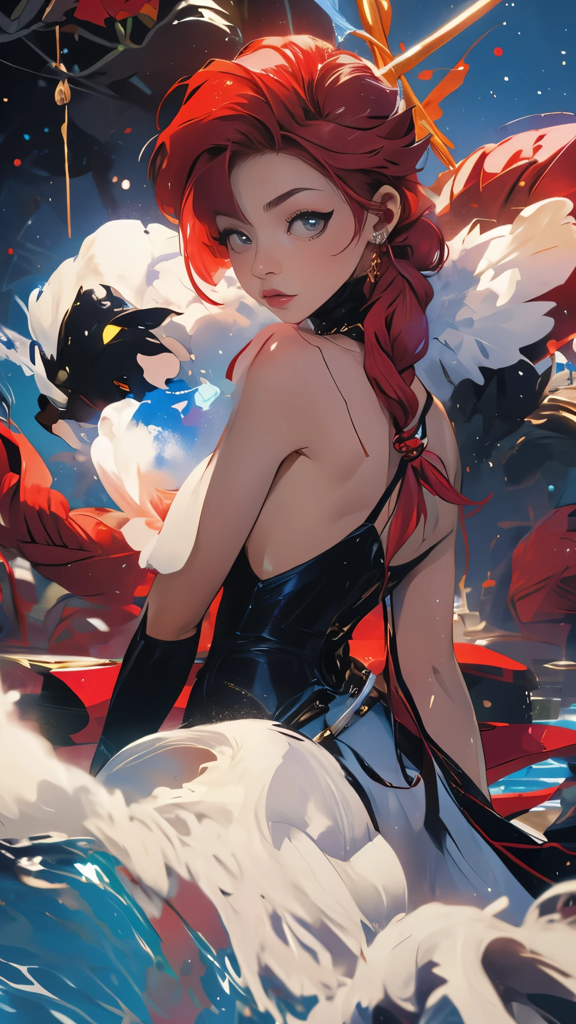 Master Part、gorgeous、landscape、(((phi_humans)))、evening、flower、garden、Starry Sky、constellation、wonderful、Red hair、Pigtails、Braid、White Dress、Dynamic Model Poses、Overlooking、water、warm、comfortable、magic、magic、particle、beautiful、光のparticle