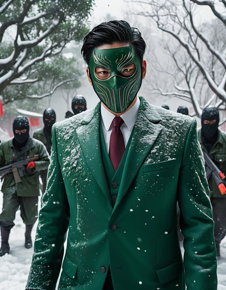 a photorealistic villian character in jungle, 6 feet tall, with half face covered with grey mask, black eyes, black hair, a injury cut on his face , wearing a dark green suit, full shot, walking in snow in between two gangs chinese gang figting with guns blazing, blood scattering all around, the snow ground which  is covered in pool of blood, background covered with trees, night lighting, dramatic lighting