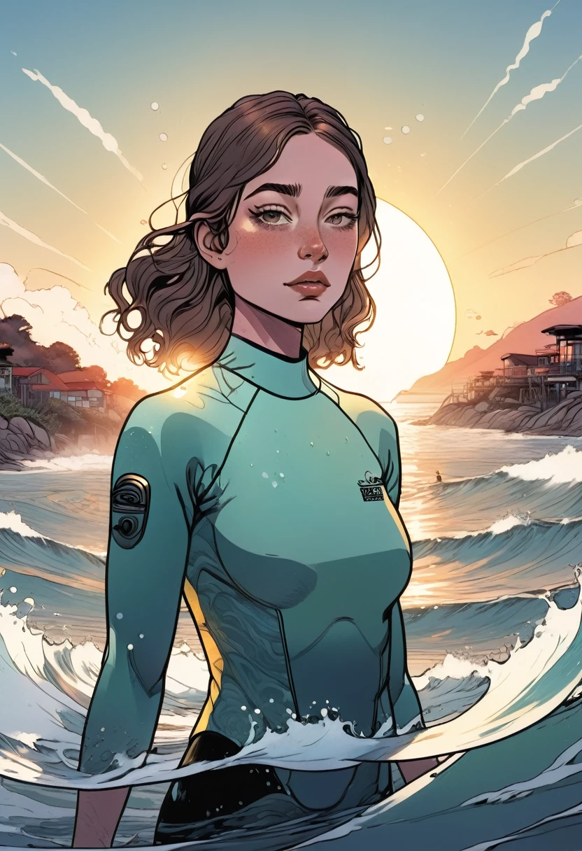 Girl surfing in the sea、Wetsuits、Brown Hair、ponytail、Sunburned skin、Beautiful and detailed eyes、Beautiful and detailed lips、Extremely detailed eyes and face、Long eyelashes、Athlete female body、Dynamic pose、waves of the ocean、Bubbling water、Sun glare、Golden Hour Lighting、Warm color palette、Cinematic composition、