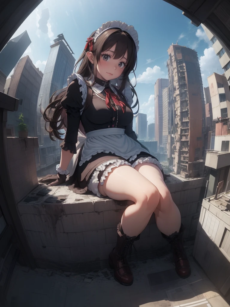 whole body描写、((((Fisheye Lens))))、((((looking at the camera))))、Embarrassed、Building fire、City boulevard、Traffic jam、Lots of cars and buses、street tree、Pedestrian bridge、City of Rubble、Ruins of rubble、Knee-high socks、((((((Frilled maid outfit)))))),Giant Girl 50,000 feet high，Weight: 1000kg，，Elf with pink earrings，She has long hair that reaches down to her feet，Hair loss，Wavy long curly hair，Wearing boots，Lace gloves，粉色蕾丝whole body，Standing tall in a small town，Beautiful appearance，Exquisite makeup，quality，8k，高quality，Perfect Proportions, Cinema Lighting，Film Grain，The Colors of Fuji，8k，Textured skin，Super Details，Attention to detail，High resolution，False Smile，Bloodstain，脚底有Bloodstain，whole body，obesity，Elf Princess，((((((Giant girl gracefully sits on top of a broken skyscraper in the city、))))))、(((Super huge breasts)))、((Plump thighs))、Chest、Sweat makes clothes transparent