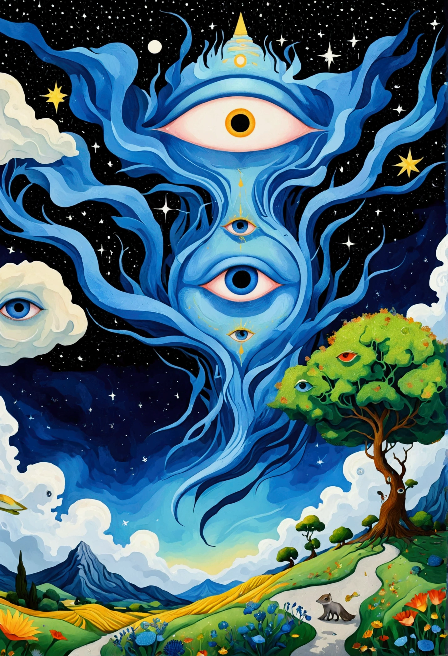 arte psicodélico。plant、vida marina、(((ojos encantadores，El tercer ojo)))、nube、cielo estrellado，galaxia、planeta、Cosiendo una pintura abstracta，Describir el mundo interior de las personas autistas.，Sentido de espacio，blanco，espacio en blanco，método de puntillismo，lineas infantiles，azul pequeño，asimilar en(van Gogh)Estilo de Arte，negro colorido