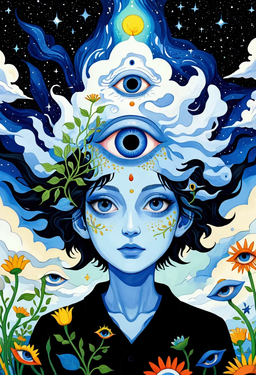 Psychedelic Art。plant、Marine Life、(((Charming eyes，The Third Eye)))、cloud、Starry Sky，galaxy、planet、Stitching together an abstrac...