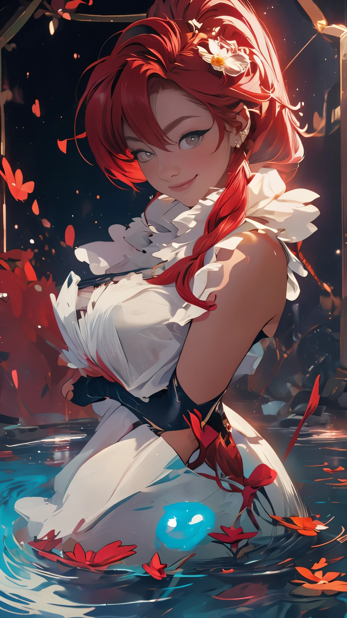 Master Part、gorgeous、landscape、(((phi_humans)))、evening、flower、garden、Starry Sky、constellation、wonderful、Red hair、Pigtails、smile、water、Braid、White Dress、Dynamic Model Poses、Overlooking、water、warm、comfortable、magic、magic、particle、beautiful、光のparticle