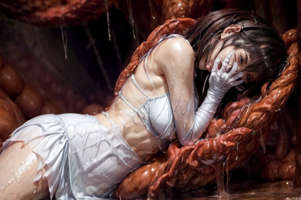 tentacles raping chjld himeka (inside creature:1.4) of stinky saliva fluids, (stinky dress), wet girl, sitting, ((looking at the viewer)), wet skin, bukkake, anguished, bound by slimy tentacles, bdsm, vine, sitting in a mirror, she is resisting from cum shot, fetish, pussy juice stain, (she is hiding her mouth:1.5) inside creature, slimy ((wet skin)) dripping, (beautiful eyes), dried saliva, ((steaming)), depth of field, 1girl, solo