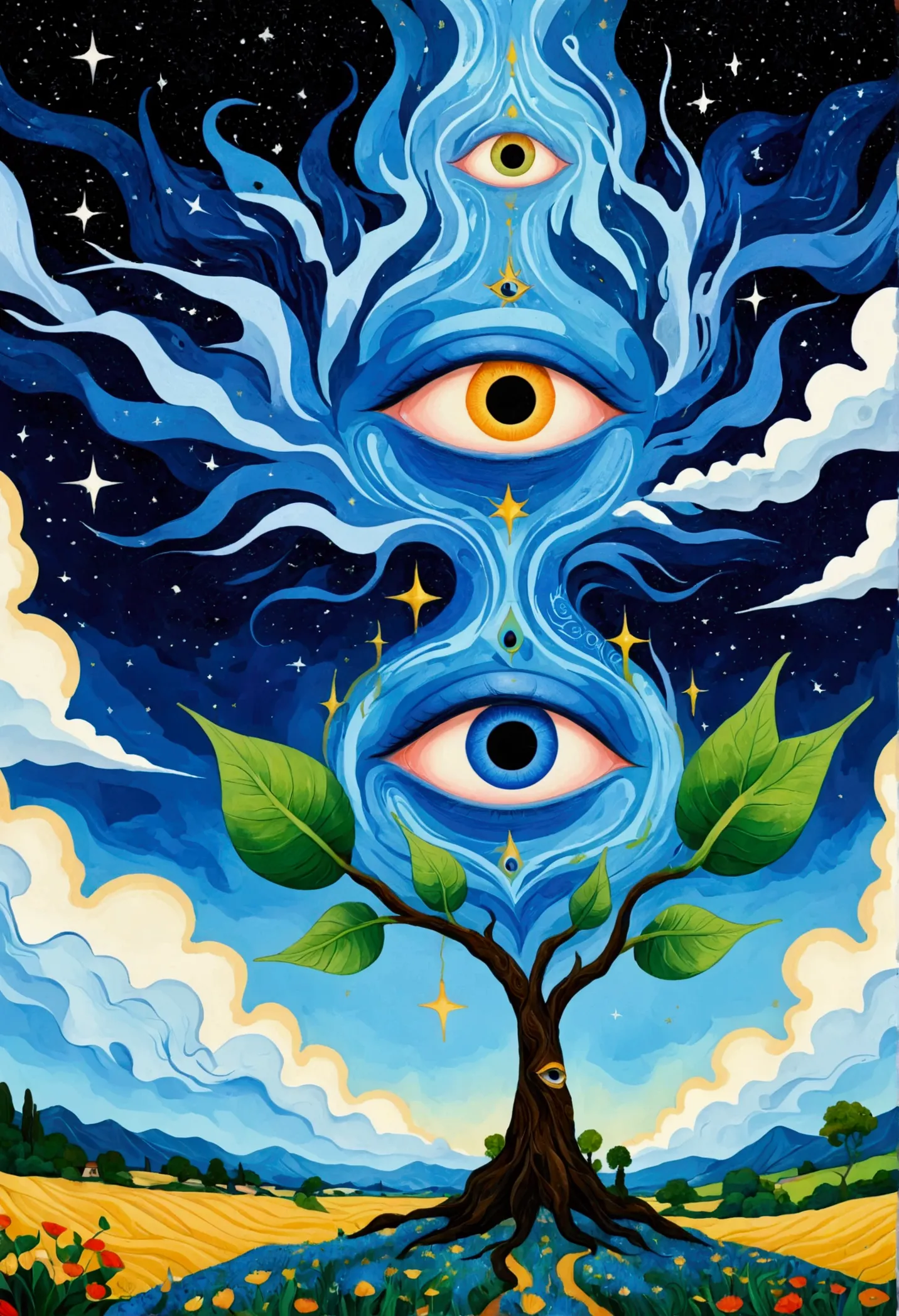 Psychedelic Art。plant、Marine Life、(((Charming eyes，The Third Eye)))、cloud、Starry Sky，Galaxy、Planet、Stitching together an abstrac...