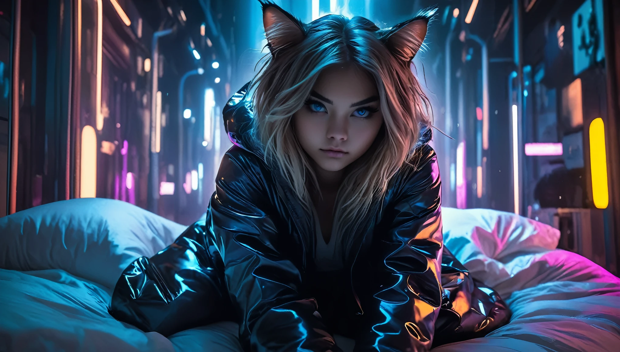 ((barely legal cat girl, with cat ears and choker, ((in an shiny open puffer with plunging neckline, wide cleavage, deep neckline)), small perky breasts, beautiful detailed eyes, beautiful detailed lips, small closed mouth, extremely detailed face, pale skin, random long hairstyle, small hips, lying on a bed with silk sheets, fear on the face)), moody atmosphere, dramatic and random neon colors, futuristic setting, intricate details, night, backlight, full body shot, view from a distance, random pose