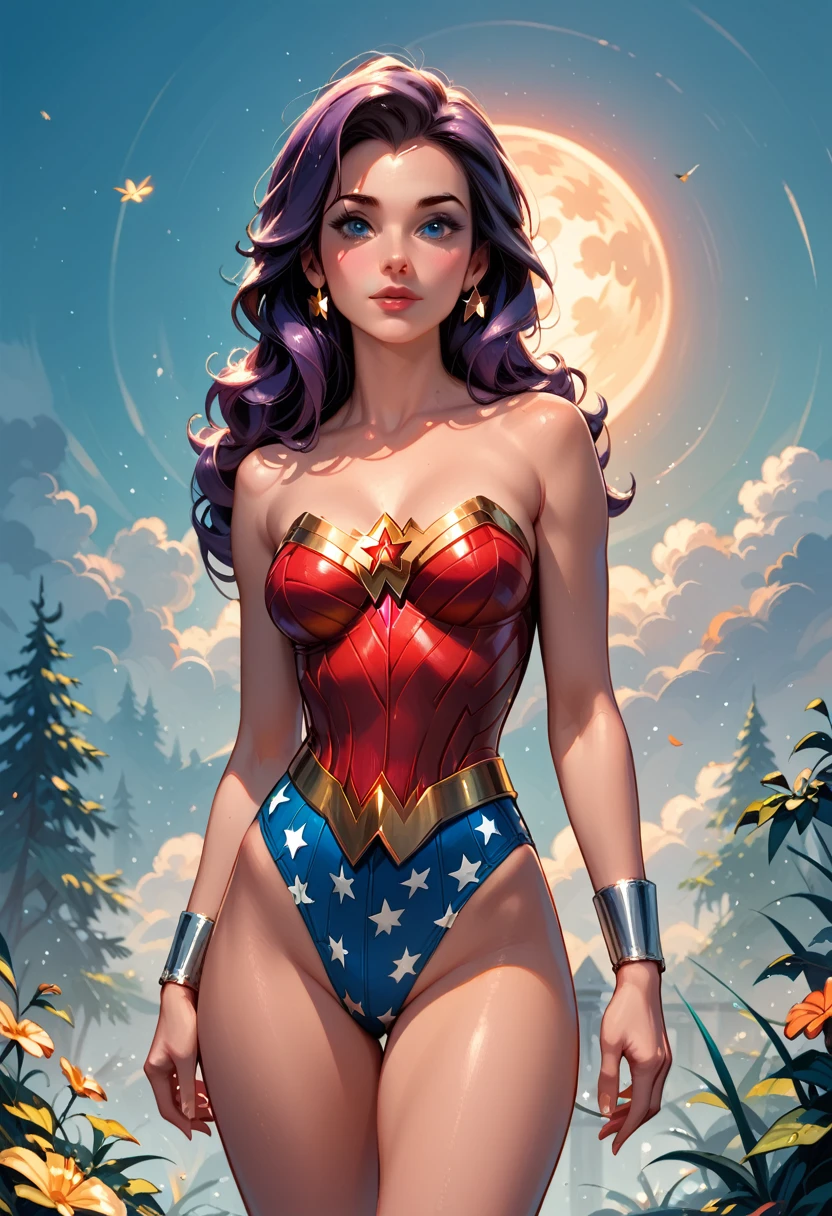 score_9, score_8_up, score_7_up, score_6_up, 1girl, solo, (Disney's Princess Belle:1.3), wearing (Wonder Woman suit:1.2), (three quartershot:1.1), training in the woods, cinematic lighting.