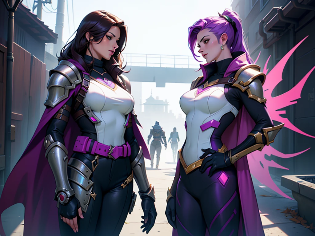 (Trabalho de arte, qualidade máxima, melhor qualidader, arte oficial, bonito e estético:1.2), (1 garota:1.4), Crie uma imagem de Sombra, Faça Overwatch, usando a skin Pacto Quebrado da Miss Fortune do League of Legends. Imagine Sombra com a mesma armadura detalhada e ornamentada da skin, com tons de roxo e detalhes dourados. A armadura deve ter um visual futurista misturado com elementos piratas, incluindo um longo, capa esvoaçante, assim como a skin&#39;com suas armas e acessórios característicos. Mantenha a postura e expressão de Sombra, com um olhar esperto e confiante, em um ambiente pirata futurista, com elementos de uma nave espacial ou uma cidade futurista ao fundo.