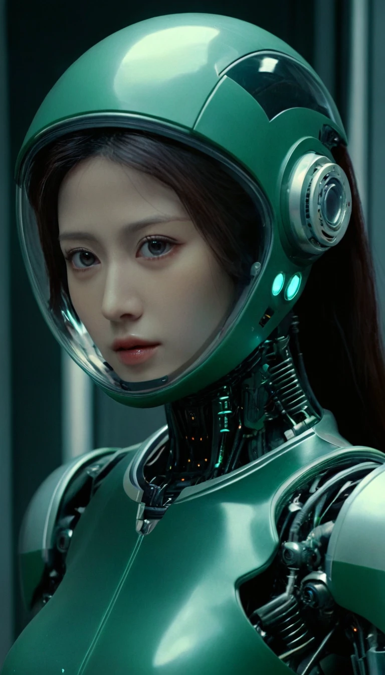 35mmm,sci-fi,dark green,ultra realistic,4K intricate detail, highly detailed, futuristic bionic human  with a robotic body but has a human girls face, the robot is inside a space ship and he is wearing a futuristic space helmet that,