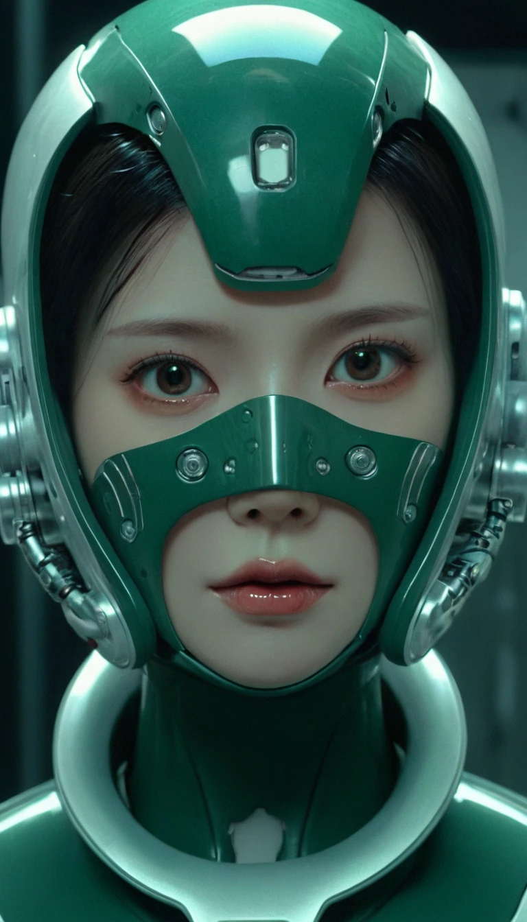 35 mm,sci-fi,Verde escuro,ultra realistic,Detalhes Intricados 4k, Altamente detalhado, humano biônico futurista com um corpo robótico, mas com rosto de menina humana, o robô está dentro de uma nave espacial e está usando um capacete espacial futurista que,