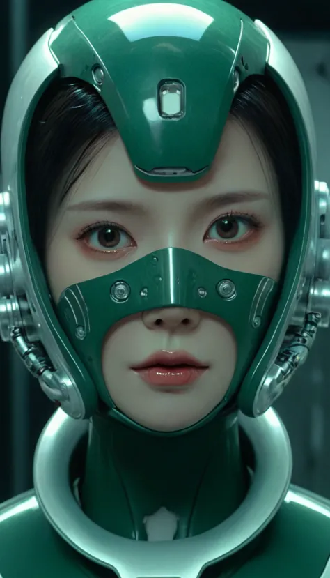 35mmm,sci-fi,dark green,ultra realistic,4K intricate detail, highly detailed, futuristic bionic human  with a robotic body but h...