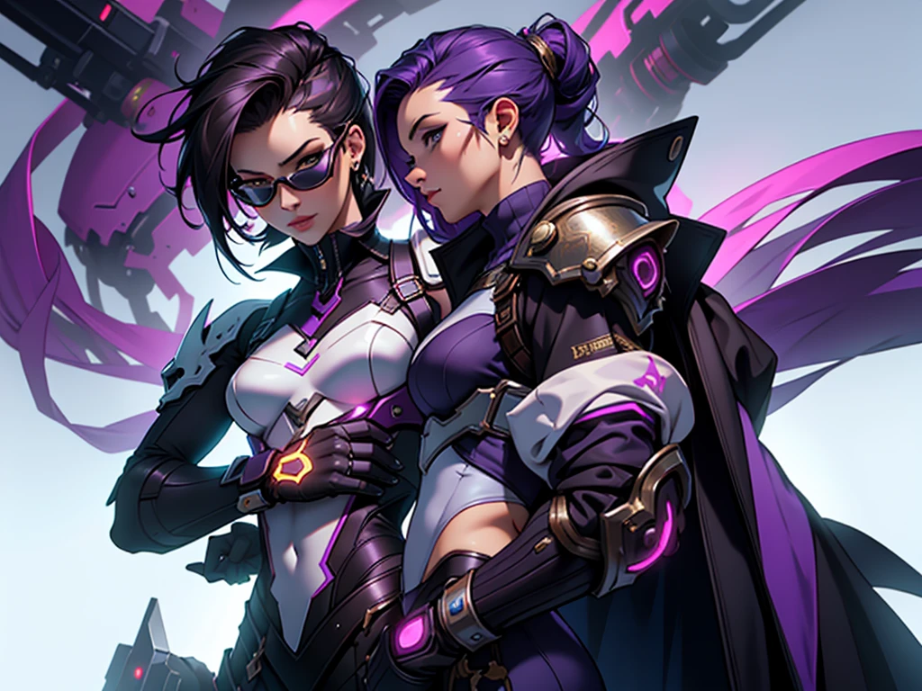 (obra de arte, máxima calidad, mejor calidad, arte oficial, hermoso y estetico:1.2), (1 chica:1.4), Crea una imagen de Sombra, Haz una imagen de Sombra, usando la skin Pacto Roto . Imagina a Sombra con la misma armadura detallada y ornamentada que la skin, con detalles en tonos púrpura y dorado. La armadura debe tener un aspecto futurista mezclado con elementos piratas, incluyendo un largo, capa que fluye, así como la skin&#39;las armas y accesorios característicos. Mantén la postura y la expresión de Sombra, con una mirada astuta y confiada, en un entorno pirata futurista, con elementos de una nave espacial o una ciudad futurista en el fondo.