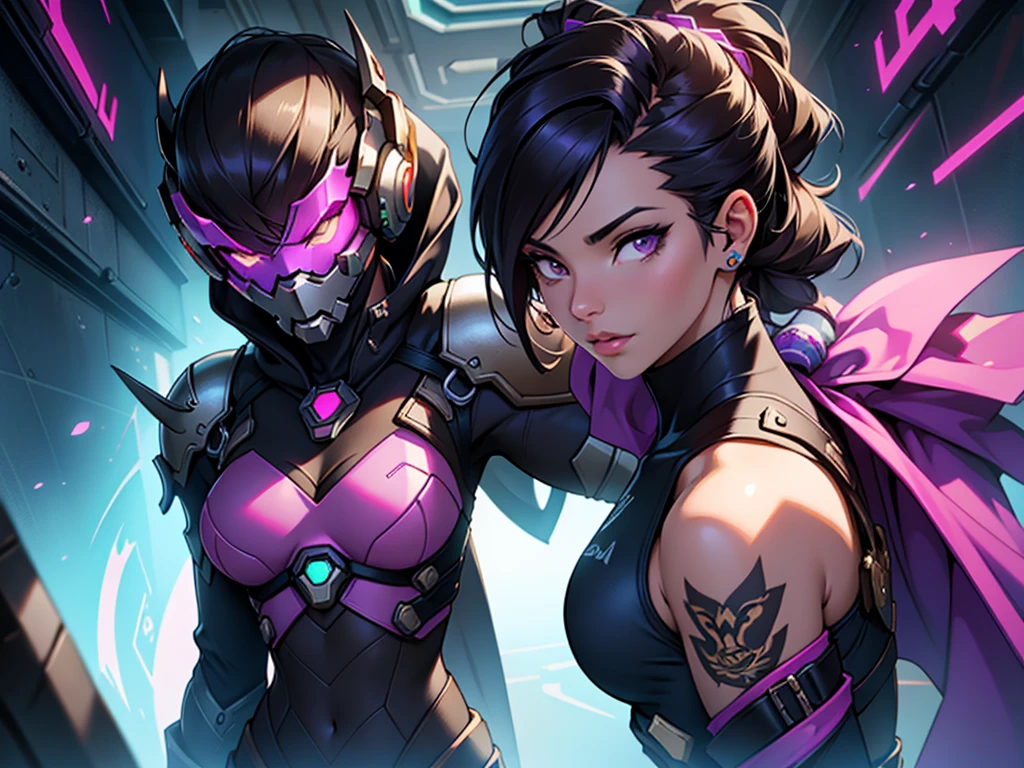 (obra de arte, máxima calidad, mejor calidad, arte oficial, hermoso y estetico:1.2), (1 chica:1.4), Crea una imagen de Sombra, Haz una imagen de Sombra, usando la skin Pacto Roto . Imagina a Sombra con la misma armadura detallada y ornamentada que la skin, con detalles en tonos púrpura y dorado. La armadura debe tener un aspecto futurista mezclado con elementos piratas, incluyendo un largo, capa que fluye, así como la skin&#39;las armas y accesorios característicos. Mantén la postura y la expresión de Sombra, con una mirada astuta y confiada, en un entorno pirata futurista, con elementos de una nave espacial o una ciudad futurista en el fondo.