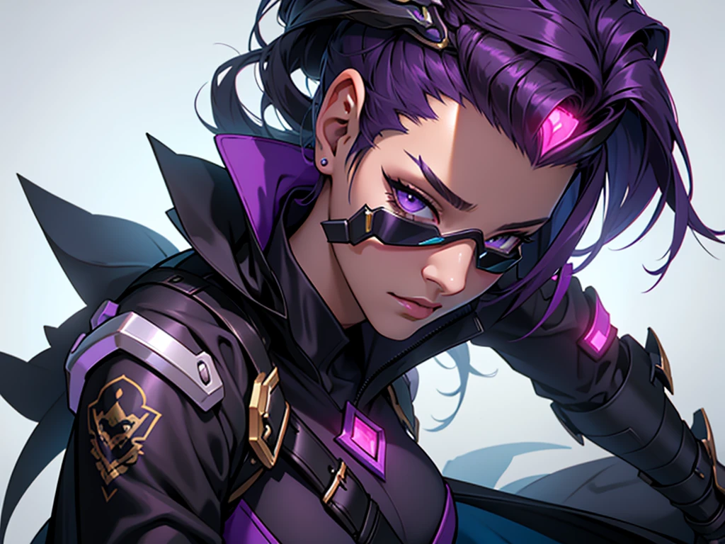 (Trabalho de arte, qualidade máxima, melhor qualidader, arte oficial, bonito e estético:1.2), (1 garota:1.4), Crie uma imagem de Sombra, Faça Overwatch, usando a skin Pacto Quebrado . Imagine Sombra com a mesma armadura detalhada e ornamentada da skin, com tons de roxo e detalhes dourados. A armadura deve ter um visual futurista misturado com elementos piratas, incluindo um longo, capa esvoaçante, assim como a skin&#39;com suas armas e acessórios característicos. Mantenha a postura e expressão de Sombra, com um olhar esperto e confiante, em um ambiente pirata futurista, com elementos de uma nave espacial ou uma cidade futurista ao fundo.