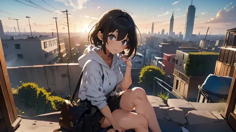 (Excellent: 1.2), (Highest Quality: 1.2), (Ultra Detailed: 1.2), (Girl sitting on ledge overlooking city, watching sunset, short...