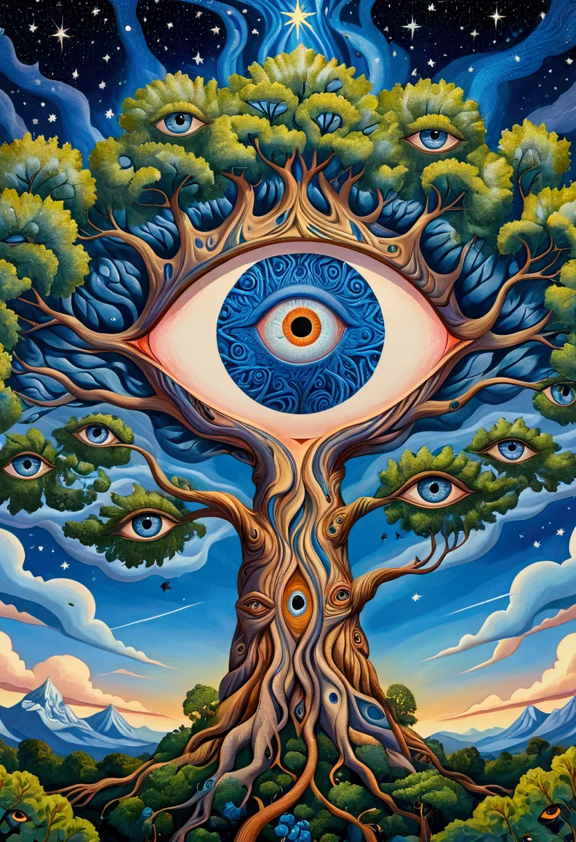 a painting of a tree with blue eyes and stars in the sky, a surrealist painting inspired by Alex Grey, shutterstock, psychedelic...