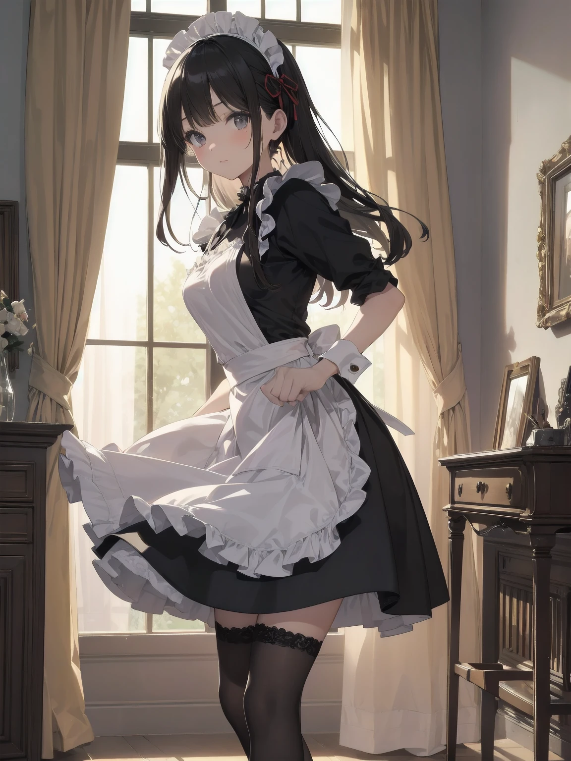 (One little girl maid outfit cute perfect face mocking pose SeaArt AI