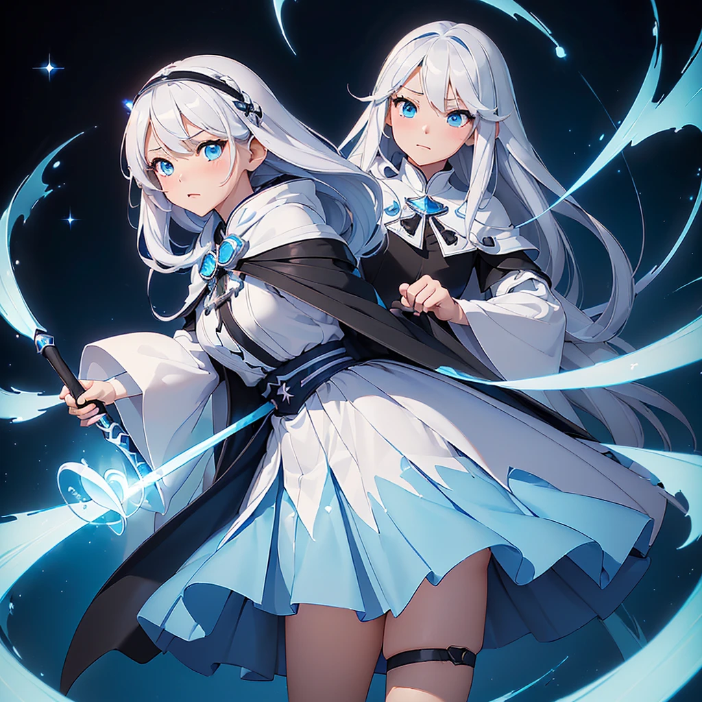 1girl,(((Highest quality、Masterpiece、Official Art、The best dynamic composition、Super detailed、Perfect Anatomy)))、Anime Style、White hair and light blue gradient long hair、Black hooded cloak、Mini Pleated Skirt、Baby Face、Holding a giant cute magic wand at an angle with both handagenta Heart Fractal Art、