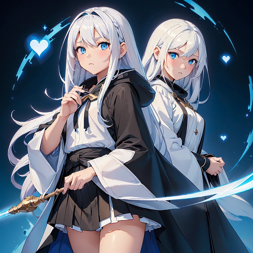 1girl,(((Highest quality、Masterpiece、Official Art、The best dynamic composition、Super detailed、Perfect Anatomy)))、Anime Style、White hair and light blue gradient long hair、Black hooded cloak、Mini Pleated Skirt、Baby Face、Holding a giant cute magic wand at an angle with both handagenta Heart Fractal Art、