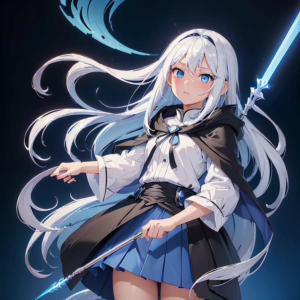 1girl,(((Highest quality、Masterpiece、Official Art、The best dynamic composition、Super detailed、Perfect Anatomy)))、Anime Style、White hair and light blue gradient long hair、Black hooded cloak、Mini Pleated Skirt、Baby Face、Holding a giant cute magic wand at an angle with both handagenta Heart Fractal Art、