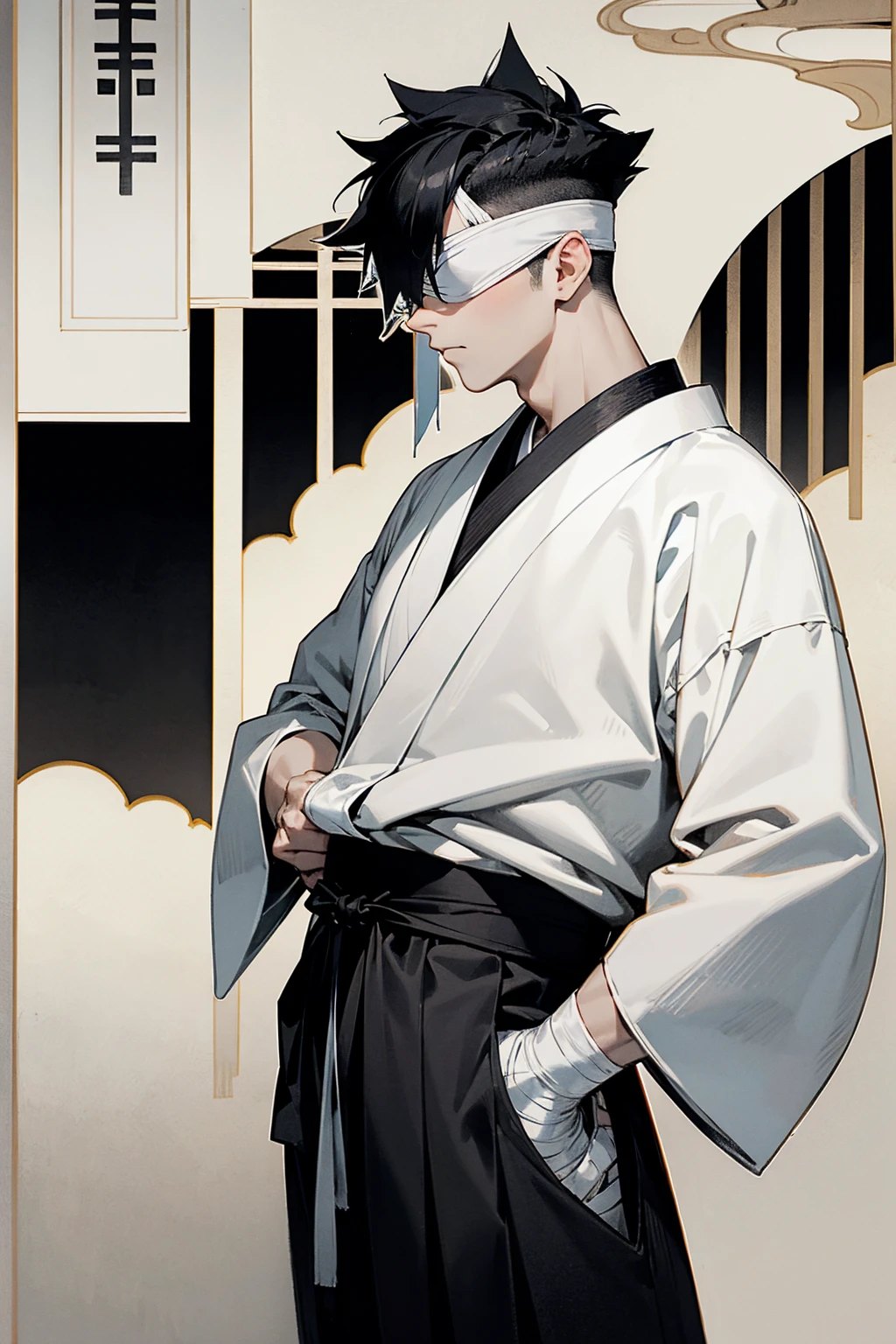 1male, black and white hair, half split hair, short hair, spiked back hair, white bandaged blindfold, calm expression, black and white split haori, traditional japanese background, hands to side, hands in pockets, standing on path