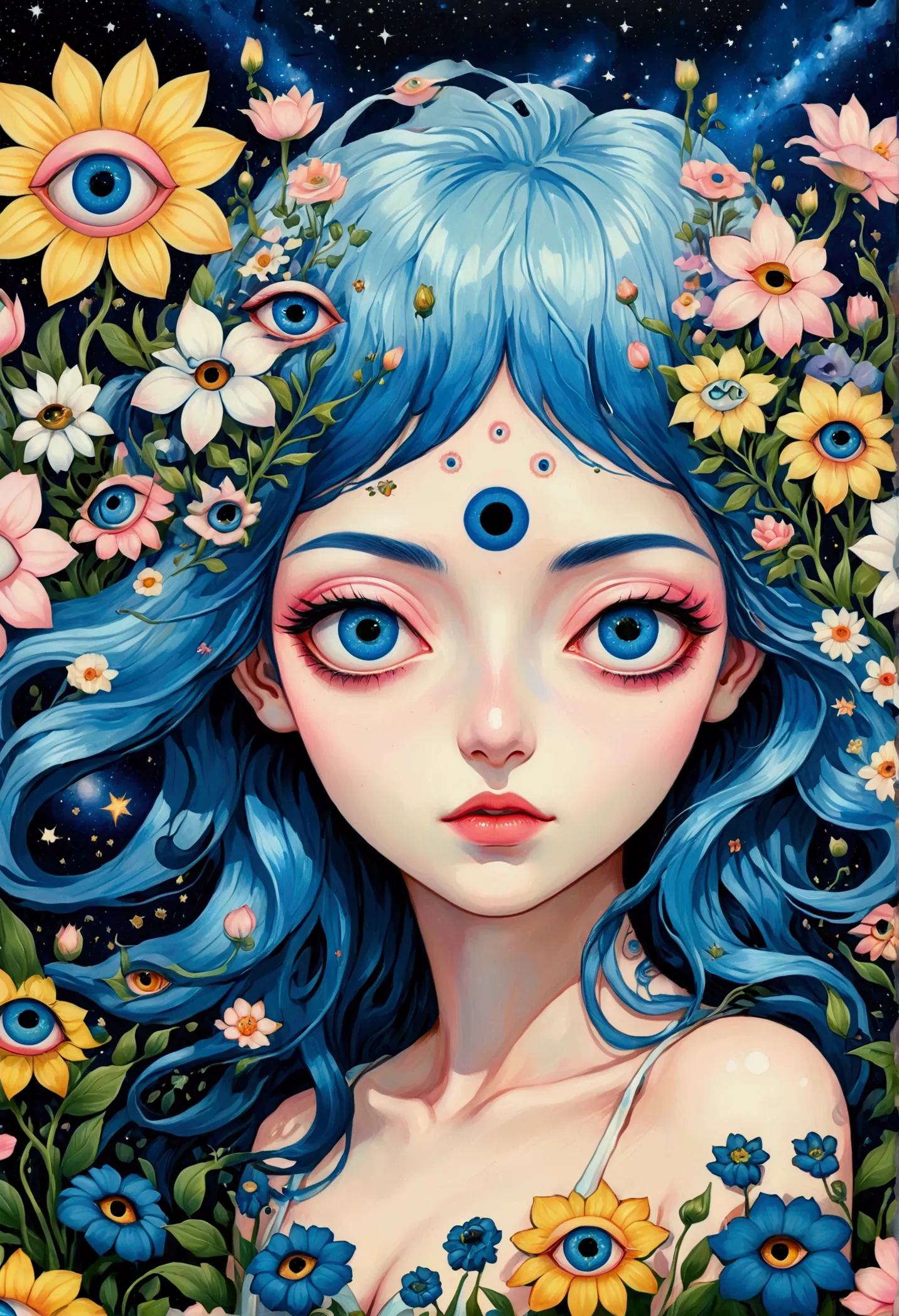 painting of a woman with blue hair and blue eyes surrounded by flowers, pop surrealism lowbrow art style, lowbrow pop surrealism...