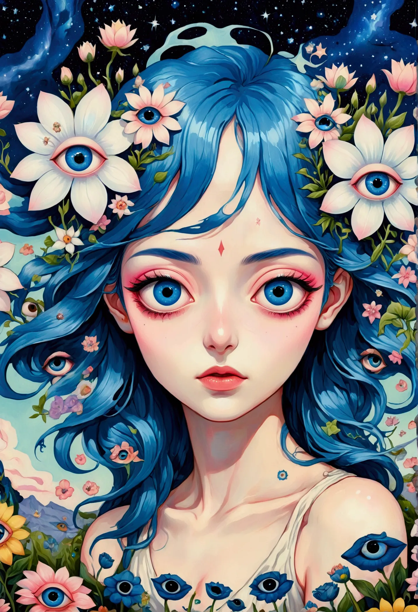 painting of a woman with blue hair and blue eyes surrounded by flowers, pop surrealism lowbrow art style, lowbrow pop surrealism...