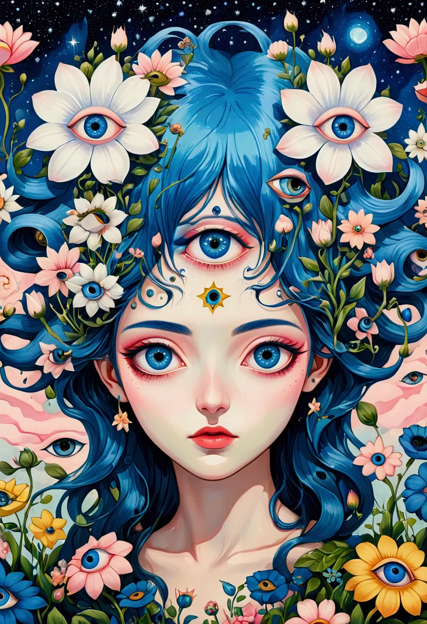 painting of a woman with blue hair and blue eyes surrounded by flowers, pop surrealism lowbrow art style, lowbrow pop surrealism...