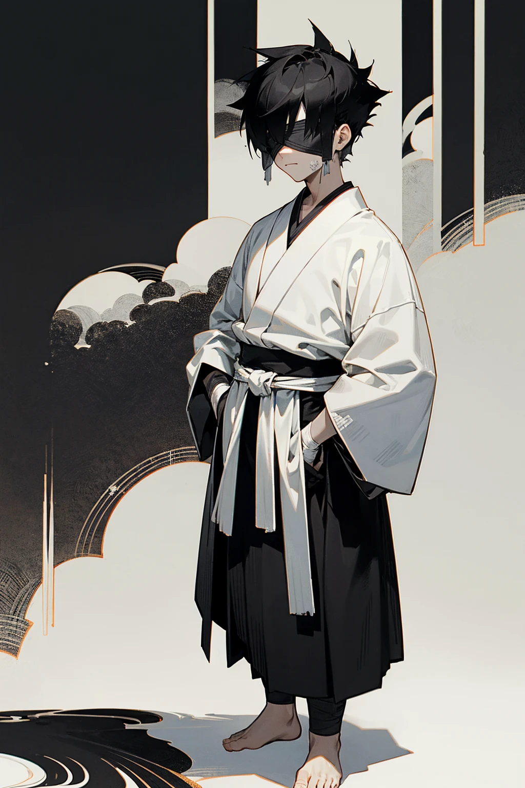 1male, black and white hair, half split hair, short hair, spiked back hair, white bandaged blindfold, calm expression, black and white split haori, traditional japanese background, hands to side, hands in pockets, standing on path