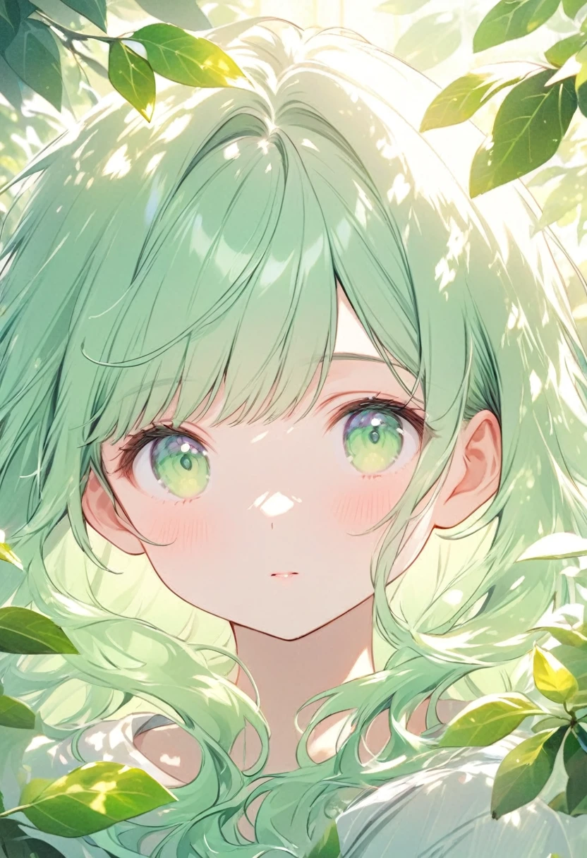 Literary magazine cover，Multiple Young People，Face close-up，Sunlight shines through the gaps in the leaves, Casts speckled light and shadow，Fresh and natural，Dreamy mint green，