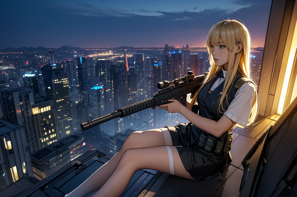 High angle shot of a blonde haired girl sitting alone on the edge of a rooftop surrounded by a cityscape。She holds an AR-15 assault rifle、When that scope shines in the dim light、Her bright yellow eyes pierce the darkness。The striking contrast between her skirt, thigh-highs and practical load-bearing vest、It&#39;s evidence of her calculated attitude.。Her disciplined face、With sharp teeth slightly bared、With a determined look on his face。She holds the rifle tightly.、It exudes a hint of confidence and control.、A friend&#39;s holstered pistol is visible on his hip.。