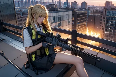 high angle shot of a blonde haired girl sitting alone on the edge of a rooftop surrounded by a cityscape。she holds an ar-15 assa...