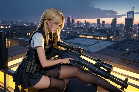 high angle shot of a blonde haired girl sitting alone on the edge of a rooftop surrounded by a cityscape。she holds an ar-15 assa...