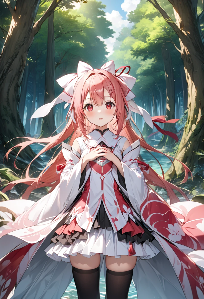 (masterpiece), Highest quality, (((Super detailed, 8K quality))), Brilliant,Yuki Yuna,Expressive eyes, Perfect Face, Perfect Anatomy, Perfect body, scene, One girl, alone,Redhead,Red eyes,,Black knee socks,dress, bow, ribbon,, hair ribbon,Divine Tree,sea of trees,Skirt flipped up,(Panties in full view),Cowboy Shot, ()