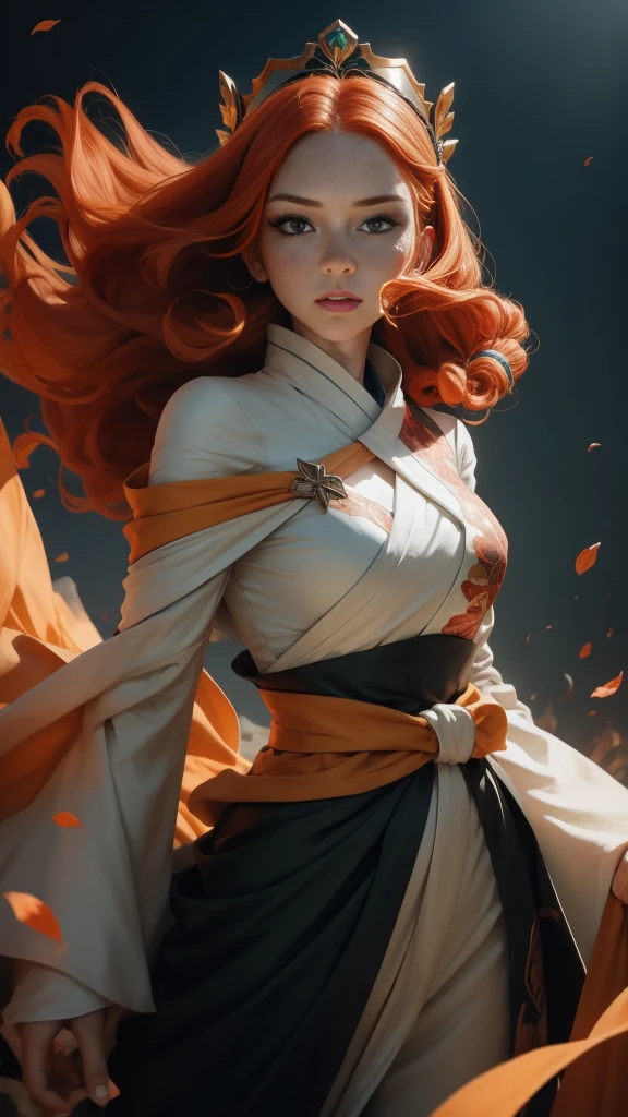 Young princess ((fighting monsters)), striking figure, long flowing ginger hair, wavy hairs, fair skin, (freckles), ((kolito)), innocent and regal appearance, expressive green eyes are filled with a mix of curiosity and determination, her slender frame, elegant grace, vibrant orange kimono with white and black decorations, very long sleeves, feather headdress, no background, combat