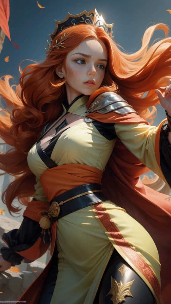 Young princess ((fighting monsters)), striking figure, long flowing ginger hair, wavy hairs, fair skin, (freckles), ((kolito)), innocent and regal appearance, expressive green eyes are filled with a mix of curiosity and determination, her slender frame, elegant grace, vibrant orange kimono with white and black decorations, very long sleeves, feather headdress, no background, combat