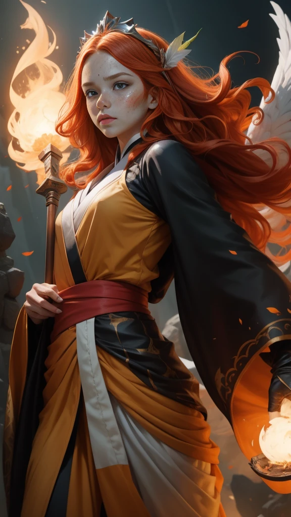 Young princess ((fighting monsters)), striking figure, long flowing ginger hair, wavy hairs, fair skin, (freckles), ((kolito)), innocent and regal appearance, expressive green eyes are filled with a mix of curiosity and determination, her slender frame, elegant grace, vibrant orange kimono with white and black decorations, very long sleeves, feather headdress, no background, combat