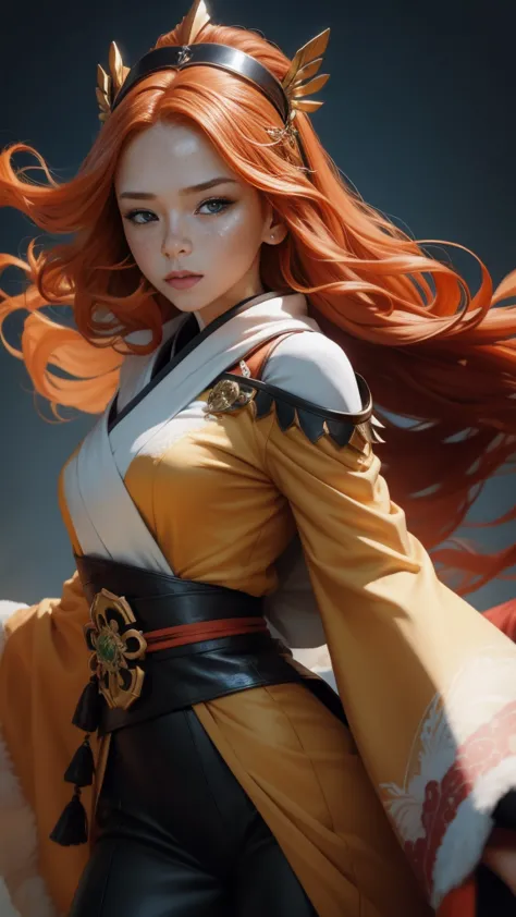 young princess ((fighting monsters)), striking figure, long flowing ginger hair, wavy hairs, fair skin, (freckles), ((kolito)), ...