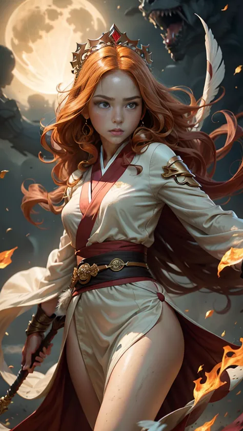 young princess ((fighting monsters)), striking figure, long flowing ginger hair, wavy hairs, fair skin, (freckles), ((kolito)), ...