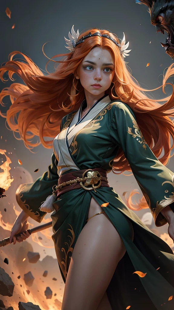 Young princess ((fighting monsters)), striking figure, long flowing ginger hair, wavy hairs, fair skin, (freckles), ((kolito)), innocent and regal appearance, expressive green eyes are filled with a mix of curiosity and determination, her slender frame, elegant grace, vibrant orange kimono with white and black decorations, very long sleeves, feather headdress, no background, combat pose, dynamic pose, holding a staff